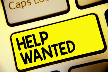 Text sign showing Help Wanted. Conceptual photo advertisement placed in newspaper by employers seek employees Keyboard yellow key Intention create computer computing reflection document