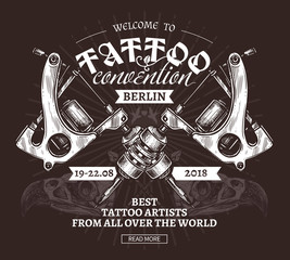 Vector hand drawn trendy poster for tattoo convention in engraving style. Sketch illustration of vintage machines on black