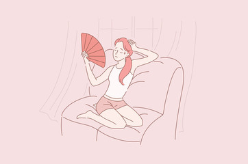 Young beautiful, sweet girl or woman with closed eyes sitting on the couch at home very hot, stuffy, uncomfortable. The air conditioning s broken. Cartoon flat Design Isolated Vector illustration