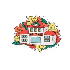 Handdrawn vector illustration - sketch. Back to school! The school building on the background of autumn leaves. Cute sticker.