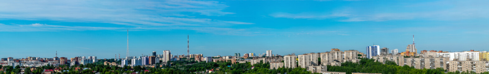 Fototapeta na wymiar Before us is a panorama of Motovilikha district of Perm in the summer early morning.