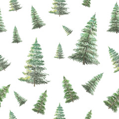 Obraz premium Summer bright green spruce seamless pattern hand drawn watercolor isolated on white background