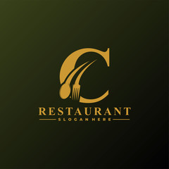 Initial Letter C Logo with Spoon And Fork for Restaurant logo Template. Editable file EPS10.
