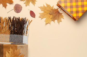 Autumn, fall concept. Checked orange gift paper bag, warm cozy blanket plaid, autumn dried leaves on pastel beige background. Flat lay, top view, copy space. Creative Autumn composition