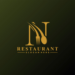 Initial Letter N Logo with Spoon And Fork for Restaurant logo Template. Editable file EPS10.