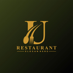 Initial Letter U Logo with Spoon And Fork for Restaurant logo Template. Editable file EPS10.