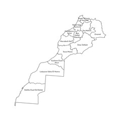 Fototapeta premium Vector isolated illustration of simplified administrative map of Morocco (including disputed territory of Western Sahara). Borders and names of the regions. Black line silhouettes