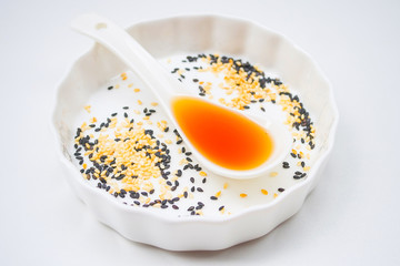 Sesame seeds white black and sesame oil 