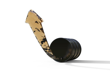 Oil barrel with an arrow, concept of price rise in crude oil, 3d illustration