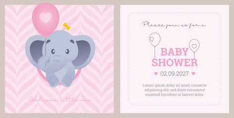 Vector template baby shower invitation card with animal cartoon little elephant. Pink background with texture and sample text.