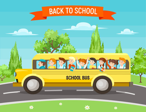 school kids in bus vector illustration