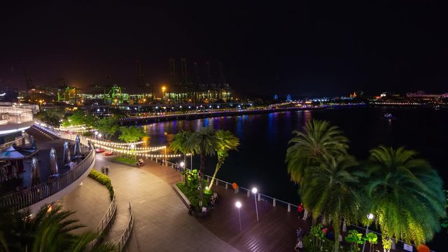 singapore city night illuminated famous sentosa island port bay mall rooftop panorama 4k timelapse
