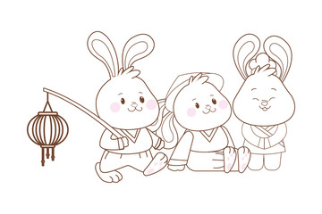 Rabbits celebrating mid autumn festival cartoons in black and white