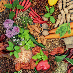 Herbs and spices fresh and dried food seasoning selection forming a background. Top view.