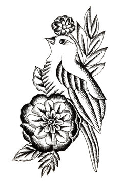 Black tattoo sketch with bird and flowers on the white background 