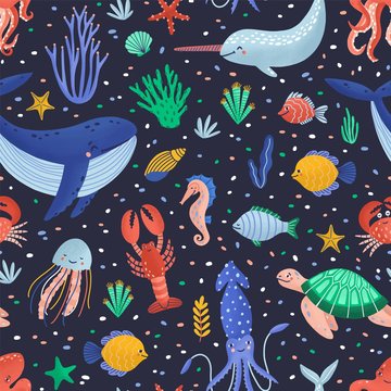 Childish seamless pattern with happy marine animals or funny underwater creatures living in sea. Ocean fauna on black background. Flat cartoon vector illustration for wrapping paper, wallpaper.