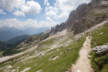 Mugoni's small mountain group Cima Sud South summit and Zigolade pass as seen f in the middle of Catinaccio Rosengarten massif, Dolomites, Sout Tyrol, Italy