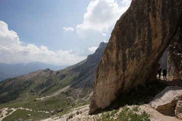 Mugoni's small mountain group Cima Sud South summit and Zigolade pass as seen f in the middle of Catinaccio Rosengarten massif, Dolomites, Sout Tyrol, Italy