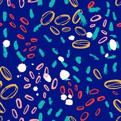 Abstract seamless pattern with colorful oval brush strokes on blue background. Stylish backdrop with paint marks, daub or stains. Hand painted vector illustration for textile print, wrapping paper.