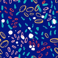 Fototapete Dunkelblau Abstraktes nahtloses Muster mit bunten ovalen Pinselstrichen auf blauem Hintergrund. Stilvoller Hintergrund mit Farbflecken, Klecksen oder Flecken. Handgemalte Vektorillustration für Textildruck, Geschenkpapier.