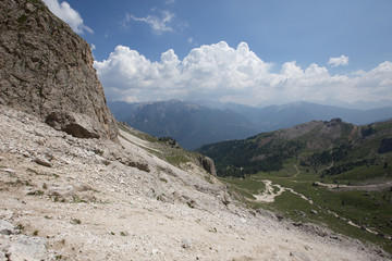 Mugoni's small mountain group Cima Sud South summit and Zigolade pass as seen f in the middle of Catinaccio Rosengarten massif, Dolomites, Sout Tyrol, Italy