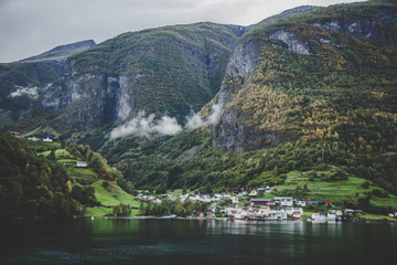 Fototapeta na wymiar The UNESCO Naeroyfjord views from the cruise, near Bergen in Norway