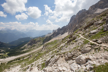 Mugoni's small mountain group Cima Sud South summit and Zigolade pass as seen f in the middle of Catinaccio Rosengarten massif, Dolomites, Sout Tyrol, Italy