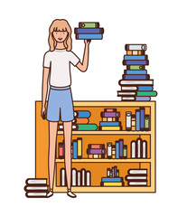 woman standing with bookshelf of wooden and books
