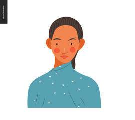 Real people portrait - hand drawn flat style vector design concept illustration of a young brunette woman, face and shoulders avatar. Flat style vector icon