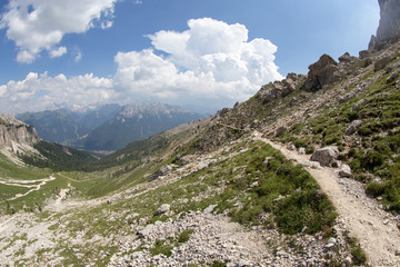 Mugoni's small mountain group Cima Sud South summit and Zigolade pass as seen f in the middle of Catinaccio Rosengarten massif, Dolomites, Sout Tyrol, Italy