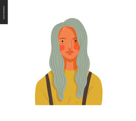 Real people portrait - hand drawn flat style vector design concept illustration of a young blond woman, face and shoulders avatar. Flat style vector icon