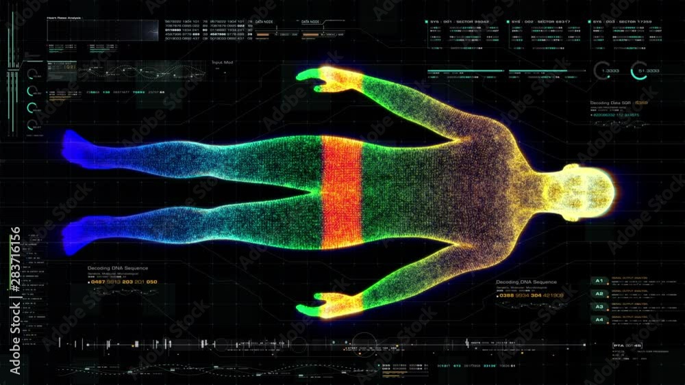 Poster Futuristic motion element user interface information technology virtual biomedical holographic human body scan diagnostic with data and telemetry head up display for background computer desktop screen
