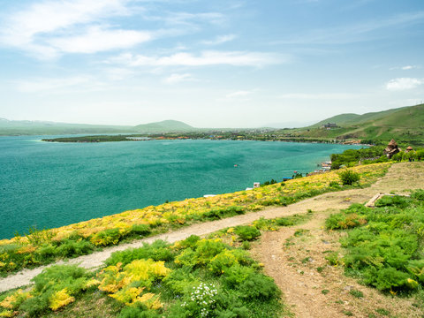 Footpath along the shore of Sevan lake in Armenia