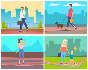 People going outdoor in city, worker speaking on phone, runner drinking water, mother with son, person with dog. Male and female activity in town vector