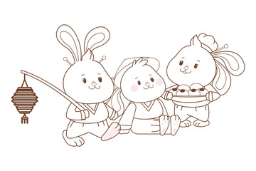 Rabbits celebrating mid autumn festival cartoons in black and white