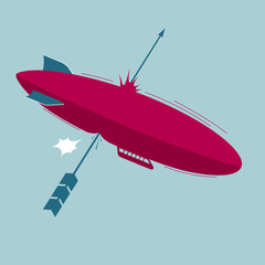 The airship was attacked. Isolated on blue background.