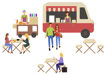 Fast food trolley and cafe with takeaway dishes and coffee drinks. Vector woman sitting on chair at table in street restaurant and drinking soda, hotdogs and people