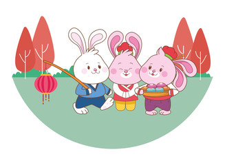 Obraz na płótnie Canvas Rabbits celebrating mid autumn festival cartoons