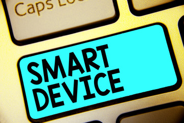 Writing note showing Smart Device. Business photo showcasing Electronic gadget that able to connect share interact with user Keyboard blue key Intention computer computing reflection document