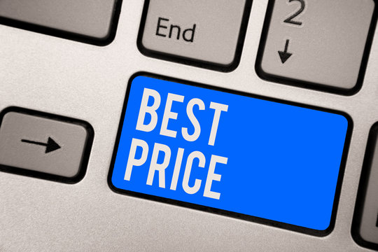 Text sign showing Best Price. Conceptual photo Buyer or seller can obtain something for a product sold or buy Keyboard blue key Intention create computer computing reflection document