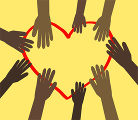 Fototapeta premium Hands of various black people and a red heart on a beige background. Vector illustration.