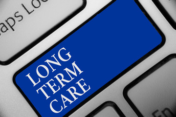 Text sign showing Long Term Care. Conceptual photo Adult medical nursing Healthcare Elderly Retirement housing Keyboard blue key Intention create computer computing reflection document