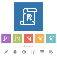 Old certificate flat white icons in square backgrounds