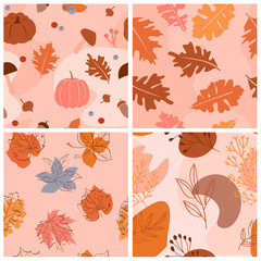 Set of abstract autumn seamless pattern with autumn elements, shapes and plants in one line style. Vector illustration