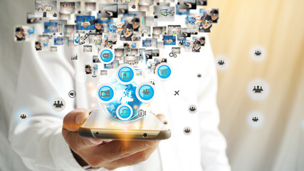 Hand using smartphone connecting, Social media concept.