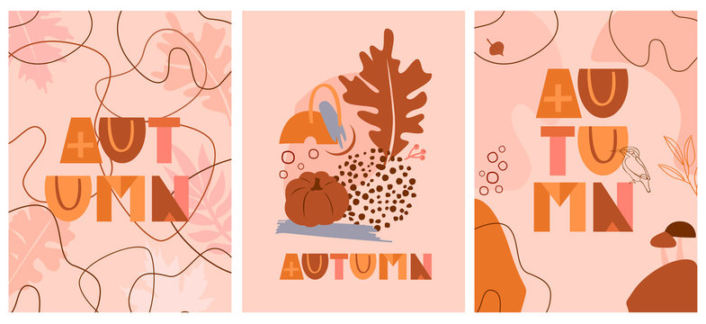 Set of abstract fall posters with autumn elements, shapes and plants in one line style. Background for mobile app page minimalistic style. Vector illustration