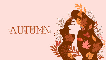 Autumn trendy illustration with elegant woman with autumn leaves in her hair. Editable vector illustration.