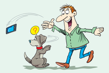 The man is playing with a dog.