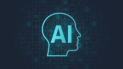 Artificial intelligence. Humanoid face in profile and usage activities on background