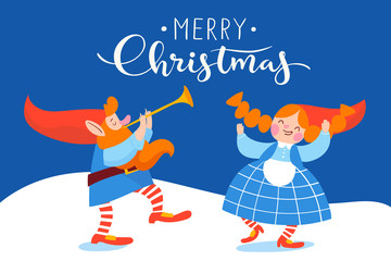 Christmas poster vector design with cartoon gnomes dancing and playing music